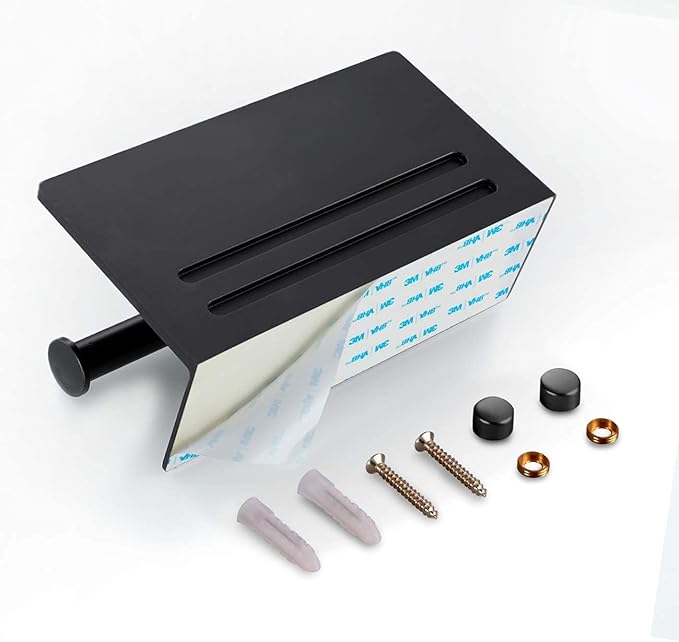 Toilet Paper Holder - Aluminium Double Roll Toilet Tissue Holder with Mobile Phone Shelf for Bathroom, 3M Self Adhesive No Drilling or Wall-Mounted with Screws, Rustproof Modern Style Black