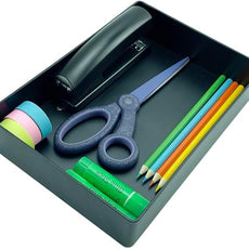 Amazon Basics Rectangular Plastic Desk Organizer with Storage Trays, Accessory Tray, 9.4 x 6.7 x 2 inch, Black, 1 Pack