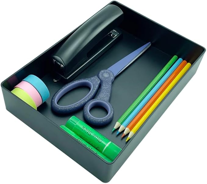 Amazon Basics Rectangular Plastic Desk Organizer with Storage Trays, Accessory Tray, 9.4 x 6.7 x 2 inch, Black, 1 Pack