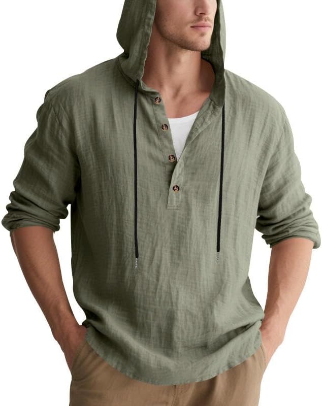 Men's Linen Blend Hoodie Long Sleeve Henley Pullover Sweatshirt Casual Loose Fit Top for Workout Beach Wear