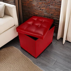 AmasSmile Storage Ottoman Folding Foot Rest Stool, Leather Footstool Bench, Short Ottoman Stool, Storage Foot Rest Store, Books (Red, 17