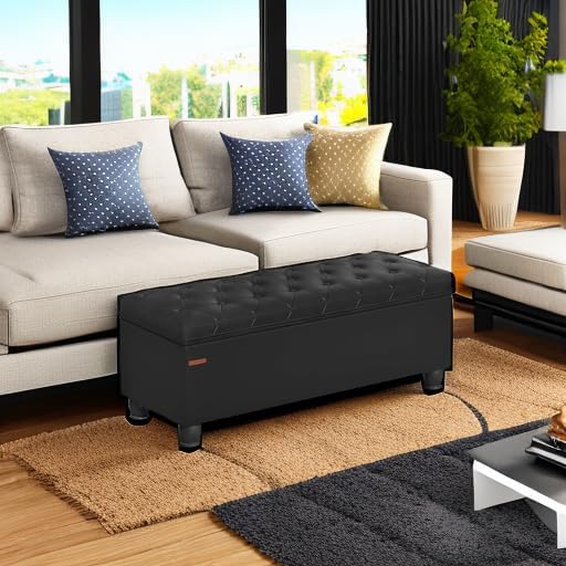SONGMICS Storage Ottoman, Storage Bench, Tufted Entryway Bedroom Bench, 17.7 x 46.5 x 17.7 Inches, Hinges Easy Lid Operation, Wooden Legs, Synthetic Leather, Loads 330 lb, Classic Black ULOM071B01