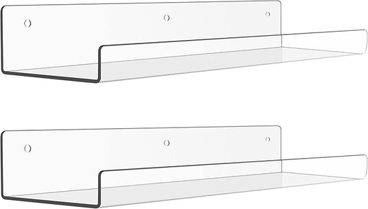 upsimples Acrylic Shelves for Bathroom Storage, 15" Floating Shelves Wall Organizer for Perfume, Make up, Skincare, Kids Bookshelf for Bedroom, Nursery, Living Room Decor, Clear, 2 Pack