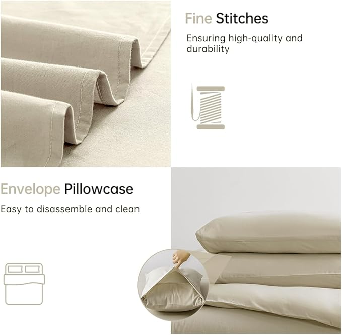 JELLYMONI Cotton Duvet Cover Full Size - 100% Washed Cotton Linen Like Textured Comforter Cover, 3 Pieces Lightweight Soft Bedding Set with Zipper Closure (Light Khaki, Full 80"x90")
