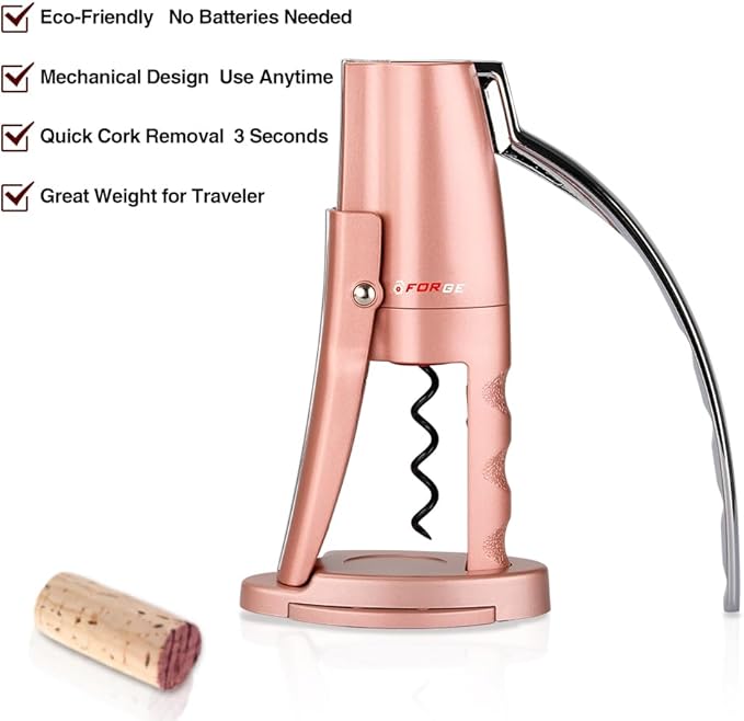 Forge Quality Compact Vertical Lever Corkscrew Wine Opener with Foil Cutter. 3 Seconds to Open a Bottle of Wine. Pink.
