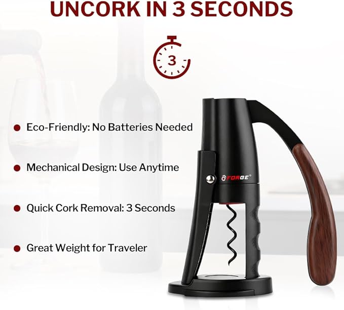 Forge Quality Compact Vertical Lever Corkscrew Wine Opener with Foil Cutter. 3 Seconds to Open a Bottle of Wine. Black.