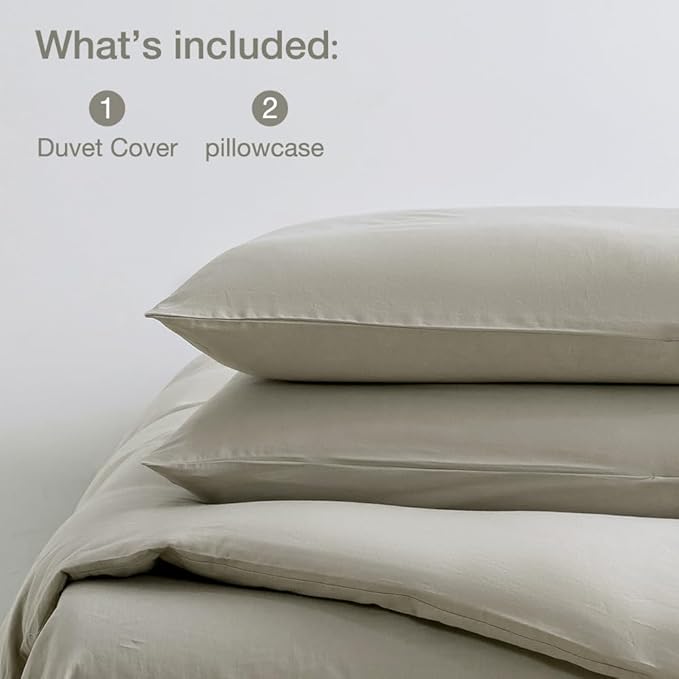 JELLYMONI Cotton Duvet Cover King Size - 100% Washed Cotton Comforter Cover, 3 Pieces Lightweight Soft Bedding Set with Zipper Closure (Linen Grey, King 104"x90")
