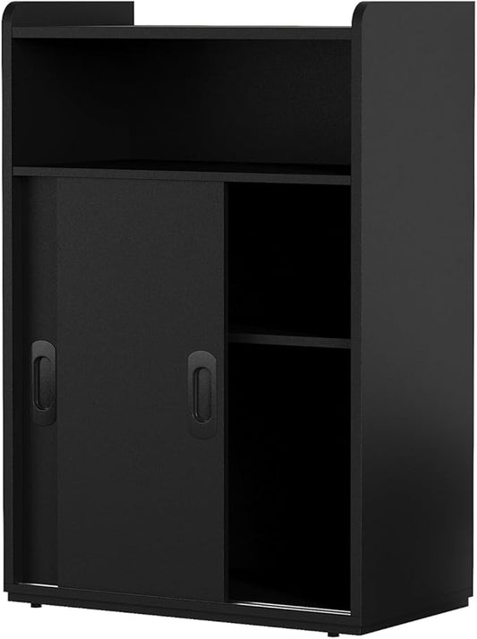 Adjustable Storage Cabinet with Sliding Doors, Multi-Functional Organizer with 2-Tier Shelves (Black)
