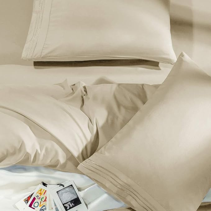 SONORO KATE Bed Sheet Set Super Soft Microfiber 1800 Thread Count Luxury Egyptian Sheets Fit 18-24 Inch Deep Pocket Mattress Wrinkle-6 Piece (Beige, California King)