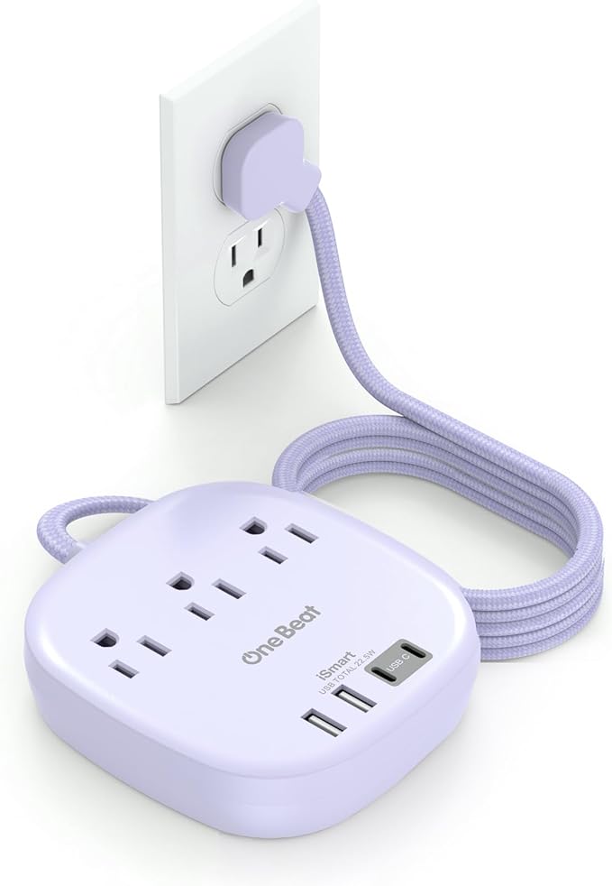10Ft Flat Plug Power Strip, Purple Flat Extension Cord - 3 Outlets 4 USB Ports (2 USB C) Desktop Charging Station, Cruise Ship Power Strip with No Surge Protection for Travel, Dorm Room Essentials