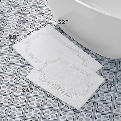 Laura Ashley - Reversible Cotton Bath Mat, Premium Bathroom Décor, Machine Washable Bathroom Rug, Highly Absorbent, 17"x24"/20"x32" 2-Piece Set, White