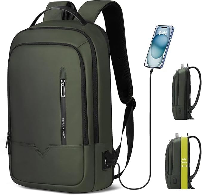 hk Laptop Backpack for Men Expandable Smart Business Backpack with USB Charging Port Water Resistant Anti-theft Lightweight 15.6 Inch Computer Laptop Bag for Office College Commute Travel Work-Green