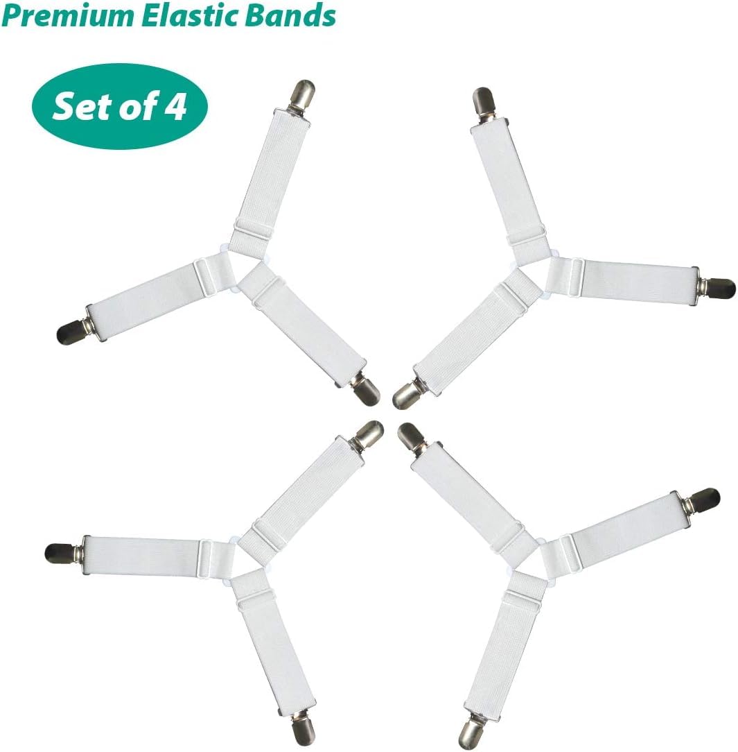 Bed Sheet Fasteners, Adjustable Mattress Suspenders, Mattress Cover Straps, Bed Corner Holder and Keepers and the Bed Sheet Grippers Clips (Triangle White Set of 4) Dormly