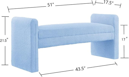 24KF Modern Upholstered Bed Bench Covered with Soft Boucle Teddy Fabric, Lovely Entryway Bench Ottoman with Armrest, 5062-Light Blue