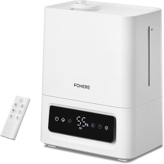 FOHERE 6L Humidifiers for Bedroom, 60H Cool Mist Humidifier for Large Room, 28dB Ultra-Quiet Runtime for Baby, Indoor, Plants, Smart Humidity Sensor, 16H Timer, Night Light, Oil Diffuser, White