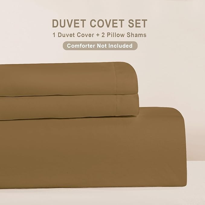 100-Percent Cotton Duvet Cover Set, Hidden Zipper Closure, Ultra Soft, Easy Care and Durable, Simple Bedding Style, Queen, Light Brown (Comforter Not Included)