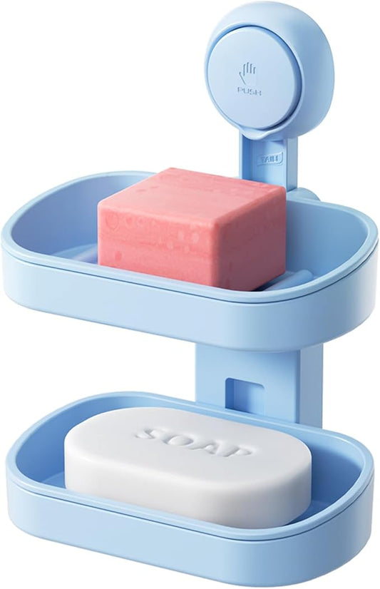 TAILI Double Layer Soap Dish Holder Suction Cup, Strong Sponge Holder for Shower, No Tools Soap Saver for Bathroom, Tub and Kitchen Sink, Shower Accessories, Drill-Free, Removable, Blue