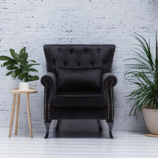 Mid Century Accent Chair Modern Button Tufted Armchair Club Chair Velvet Wingback Single Sofa Lounge Chair with Pillow for Living Room Bedroom, Black