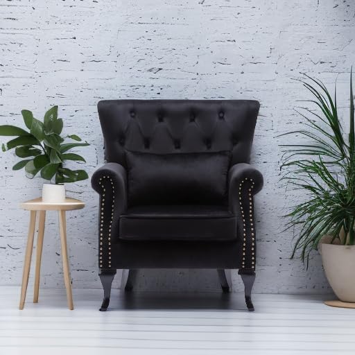 Mid Century Accent Chair Modern Button Tufted Armchair Club Chair Velvet Wingback Single Sofa Lounge Chair with Pillow for Living Room Bedroom, Black