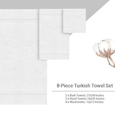 Towel Bazaar Premium Cotton Super Soft and Absorbent Turkish Towels (8-Piece Towel Set, White)