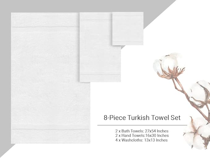 Towel Bazaar Premium Cotton Super Soft and Absorbent Turkish Towels (8-Piece Towel Set, White)