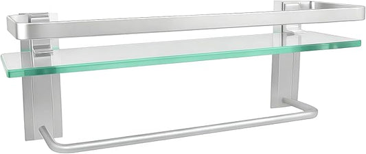 Bathroom Shelves with Towel Holder Rustproof 15.7'' Tempered Glass Shelf with Rails Wall Mounted Stainless Steel, Polished Chrome Decorative