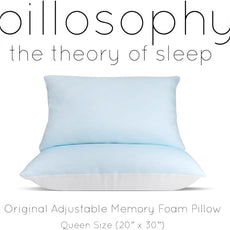 pillosophy Original Memory Foam Pillow • Adjustable Height • Premium Shredded Memory Foam Fill • for Back, Side, Stomach Sleepers (Queen Size, 1-Pack)