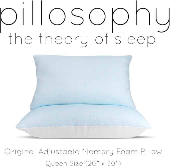 pillosophy Original Memory Foam Pillow • Adjustable Height • Premium Shredded Memory Foam Fill • for Back, Side, Stomach Sleepers (Queen Size, 1-Pack)