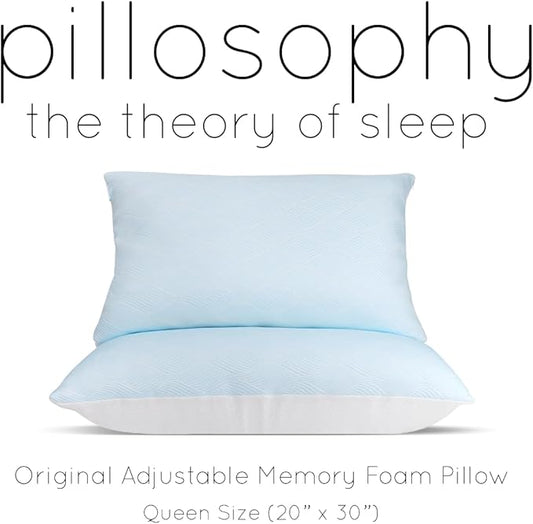 pillosophy Original Memory Foam Pillow • Adjustable Height • Premium Shredded Memory Foam Fill • for Back, Side, Stomach Sleepers (Queen Size, 1-Pack)