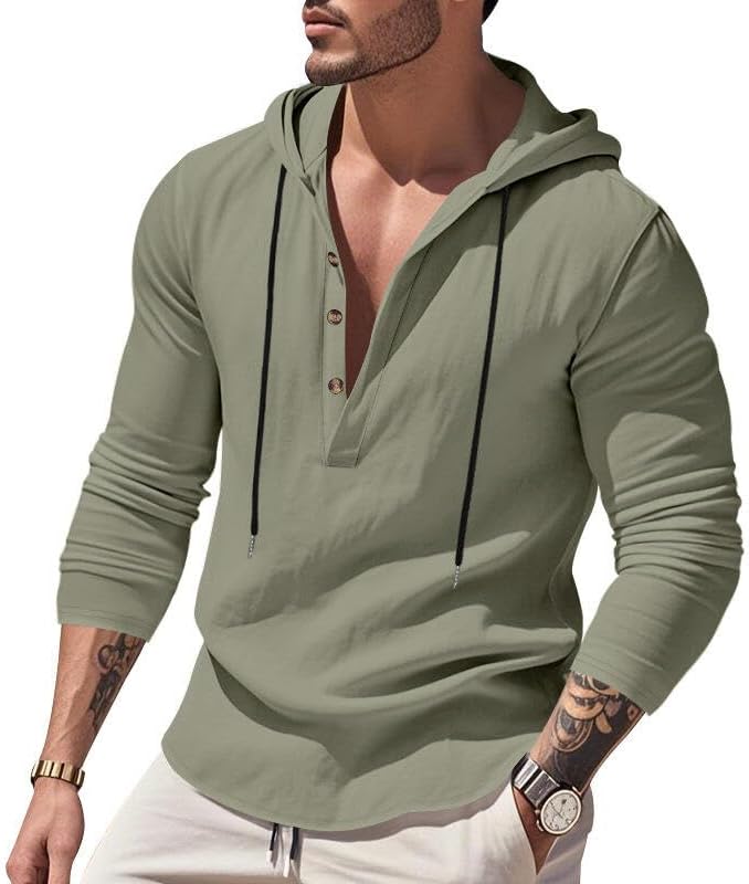 Men's Linen Blend Hoodie Long Sleeve Henley Pullover Sweatshirt Casual Loose Fit Top for Workout Beach Wear