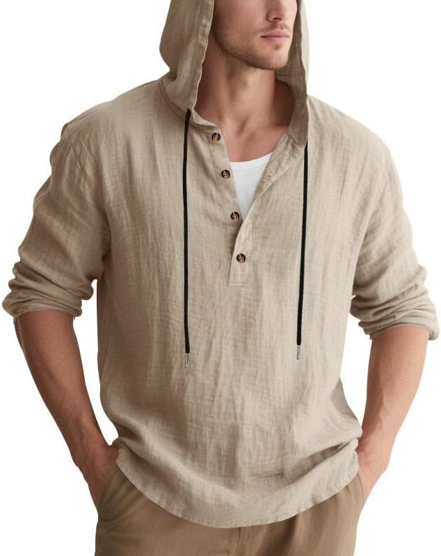 Men's Linen Blend Hoodie Long Sleeve Henley Pullover Sweatshirt Casual Loose Fit Top for Workout Beach Wear