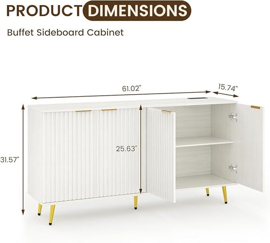 COCO DESIGN 61" Buffet Sideboard with Fluted Panel Doors, Power Outlet & Adjustable Shelves, Storage Cabinet with Metal Legs, Modern Farmhouse Console for Kitchen Dining Living Room Entryway, White