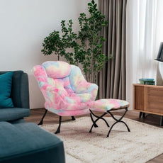 HollyHOME Lazy Chair with Foldable Ottoman, Accent Comfy Lounge Armchair and Folding Footrest Stool, Leisure Sofa Reading Chair and Footstool for Living Room, Bedroom, Dorm,Faux Fur Rainbow