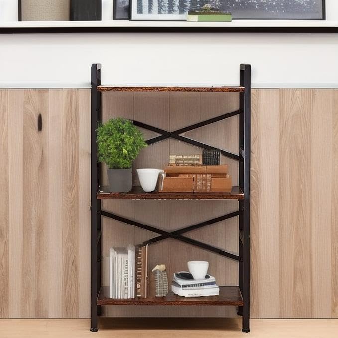 3-Tier Small Bookshelf, Industrial Metal & MDF Bookcase, X-Brace Stable Shelving for Small Spaces, Adjustable Feet, Easy Assembly, 27.6" H x 16.5" W x 11" D (Black)
