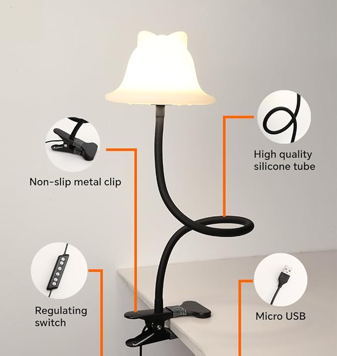 Clip On Light and Bed Reading Light, Clip on for Desk, Bedside Lamps for Dorm, College Dorm Room Essentials, Night Light for Kids Nursery, Multicolor LEDs, Adapter Included