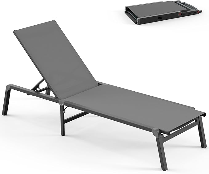 Foldable Pool Lounge Chairs, Aluminum Chaise Lounge Outdoor with 5 Positions Recliner - Free Assembly - Patio Lounge Chair for Poolside, Beach (Darkgray)