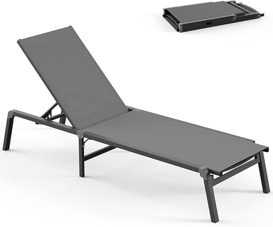 Foldable Pool Lounge Chairs, Aluminum Chaise Lounge Outdoor with 5 Positions Recliner - Free Assembly - Patio Lounge Chair for Poolside, Beach (Darkgray)