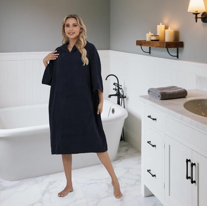 Surf Poncho Hooded Beach Towel, Quick Dry Terry Cloth, Extra Large Changing Robe with Pockets for Adults, Unisex Navy Blue Cover-Up for Swim, Bath, Beach, Gift for Swimmer Lovers