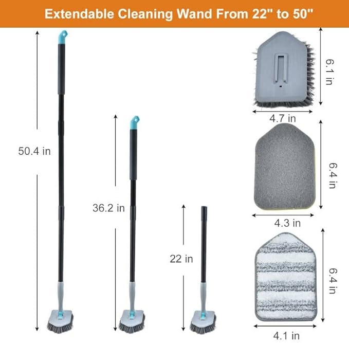 Long Handled Scrub Brush for Shower,3-in-1 Cleaning Brushes with 3 Different Function Cleaning Heads Brush for Shower Cleaning Bathroom Kitchen Walls Tub Tile (Grey)