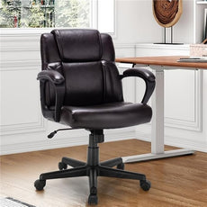 POWERSTONE Leather Executive Chair with 4in Thickened Cushion, Ergonomic Mid Back Office Desk Chair with Soft Padded Armrests for Home, Study and Office(Brown)