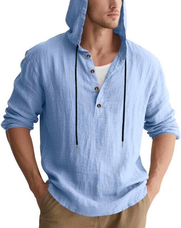 Men's Linen Blend Hoodie Long Sleeve Henley Pullover Sweatshirt Casual Loose Fit Top for Workout Beach Wear