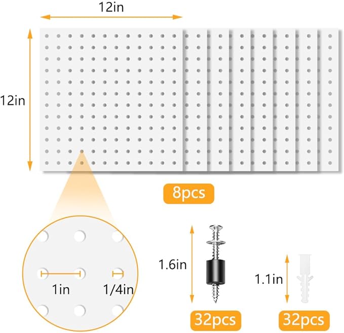 8Pcs Pegboard, Peg Board, Metal Pegboard Wall Organizer Panels Accessories, Mount Display Pegboard Kits for Walls Garage Craft Room Office Workshop, Easy Installation (White)