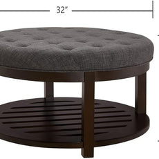 24KF Large Round Upholstered Tufted Linen Ottoman Coffee Table, Large Footrest Ottoman with Wood Shelf Storage,Dark Gray