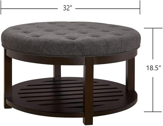 24KF Large Round Upholstered Tufted Linen Ottoman Coffee Table, Large Footrest Ottoman with Wood Shelf Storage,Dark Gray