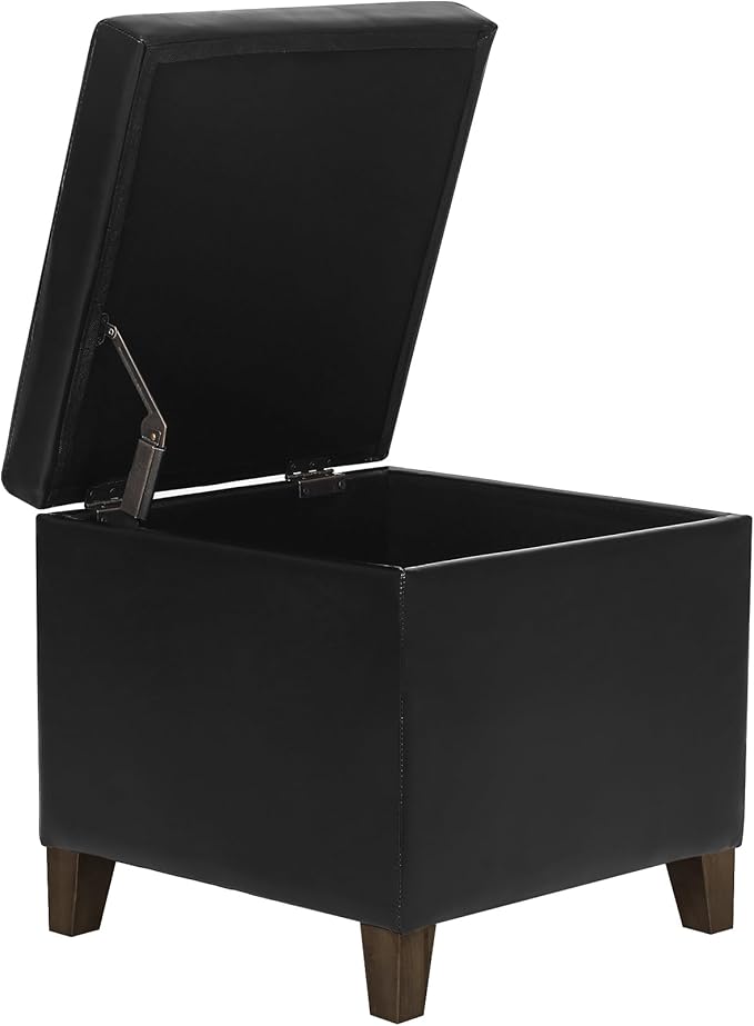 Leather Storage Ottoman with Hinged Lid, Square Foot Rest Stool Tufted Cube Footstool, Black