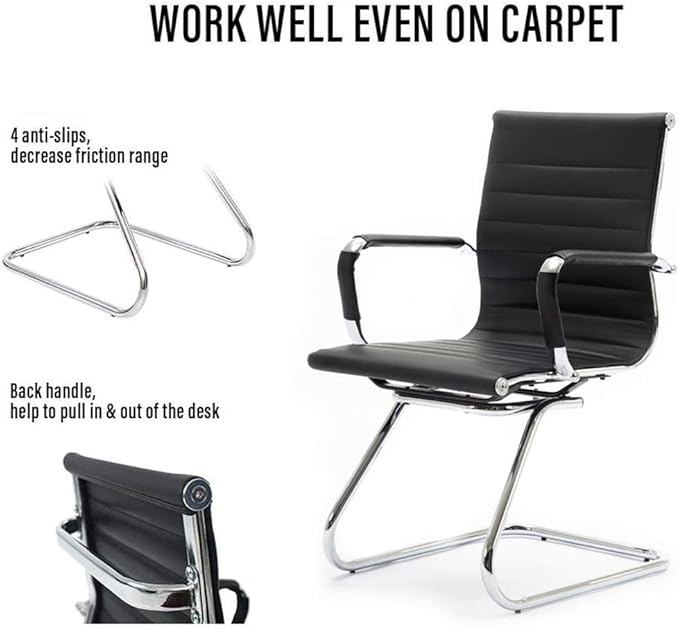 Black Office Desk Chair No Wheels Set of 6 PU Leather Computer Chairs Mid Back Guest Chairs for School Reception Conference Waiting Room, Black