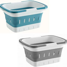 2 Pack Portable Plastic Shower Caddy Tote, Collapsible Small Basket with Handles, Box Organizer Bin for Bathroom, Kitchen, College Dorm,Gym(Grey +Blue)
