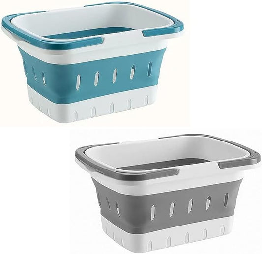 2 Pack Portable Plastic Shower Caddy Tote, Collapsible Small Basket with Handles, Box Organizer Bin for Bathroom, Kitchen, College Dorm,Gym(Grey +Blue)