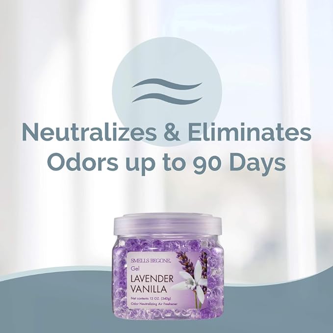 SMELLS BEGONE 12 oz Odor Eliminator Gel - Air Freshener- Absorbs & Eliminates Odor in Bathrooms, Basements, Cars, Boats, RVs & Pet Areas - Made with Essential Oils - Lavender Vanilla Scent (2-Pack)