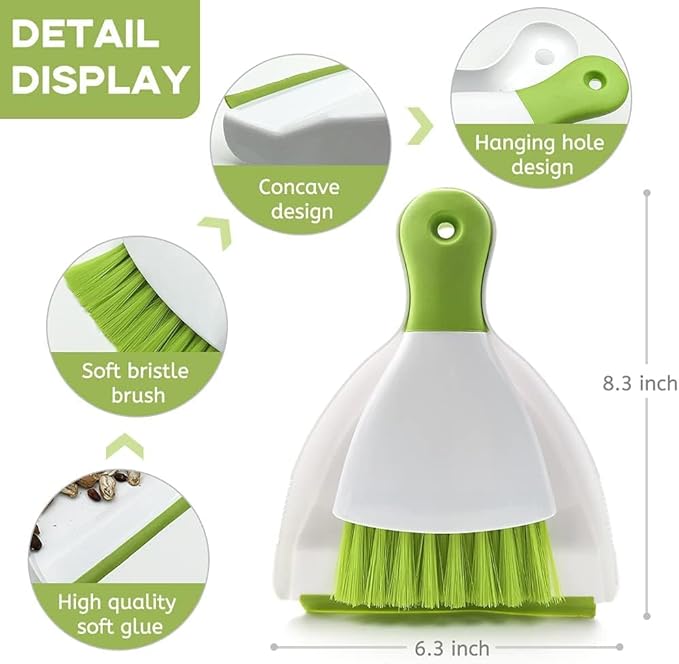 Dust pan Broom Brush Dustpan - Small Broom and Dustpan Set,Mini Broom and Dustpan, Small Dustpan and Brush Set for Home Cleaning,Sofa,Desk,Guinea Pig Cage,Cat Litter etc.（Green 3 Set）